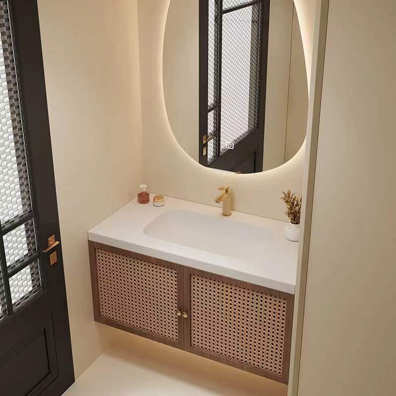 浴室柜组合藤编门洗手台挂墙式吊柜卫生间洗脸盆可丽耐一体盆浴柜
