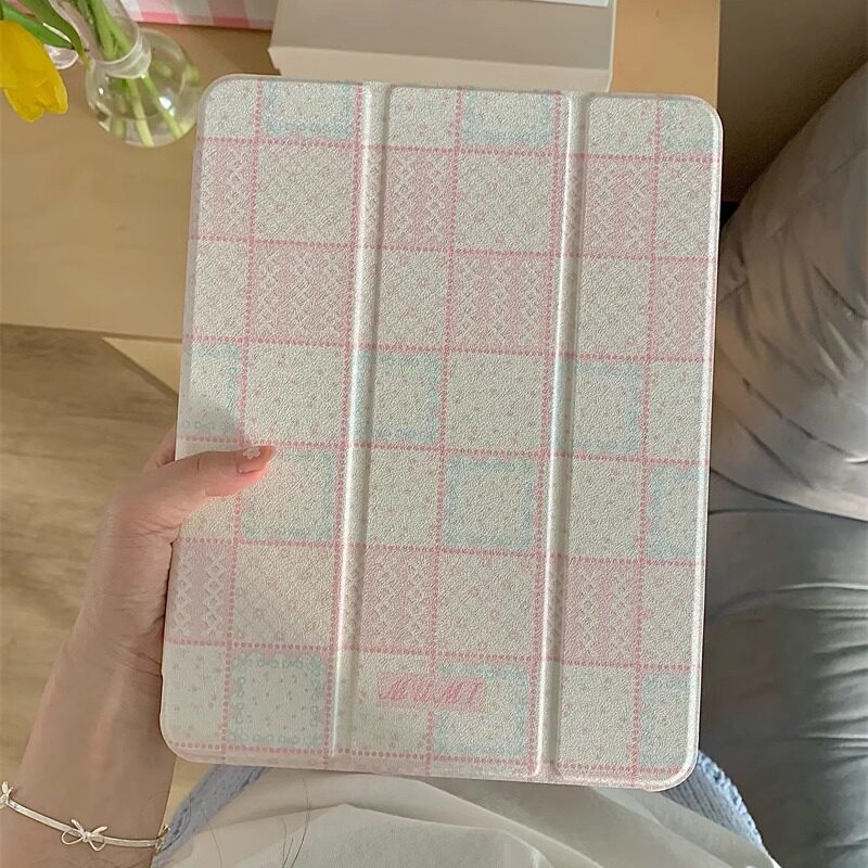 粉白花纹格子适用苹果ipad10代平板保护套ipadair2024三折mini6/air5/air2镜面ipadpro2024时尚ipad9亚克力女