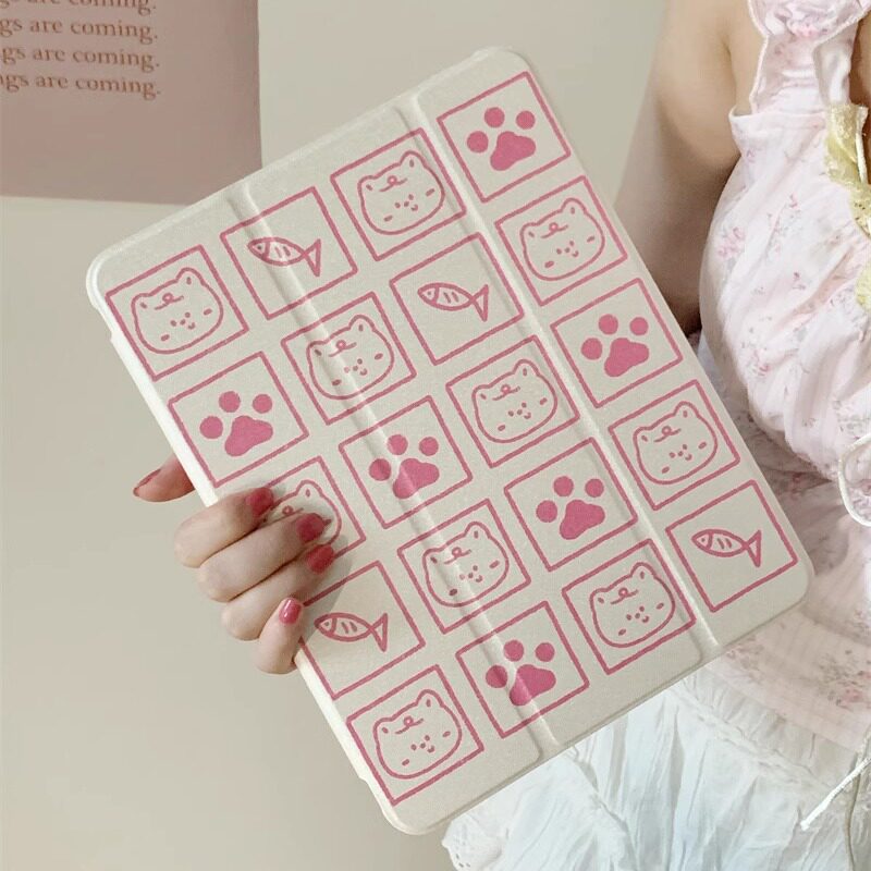 方格小猫和鱼适用苹果ipad10代平板保护套ipadair2024三折mini6/air5/air2可爱女ipadpro2024时尚ipad9亚克力
