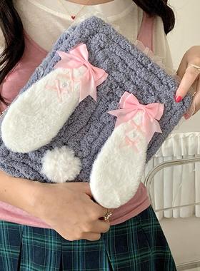 紫色毛绒兔适用苹果ipad10代平板保护套ipadair2024旋转mini6/air5/air2防摔ipadpro时尚女款ipad9毛绒亚克力