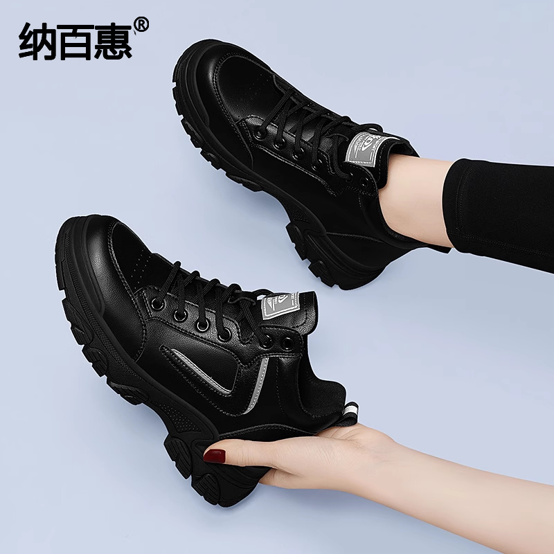 真皮老爹鞋女款2025新款黑色春秋季厚底高帮鞋软底休闲运动皮鞋子