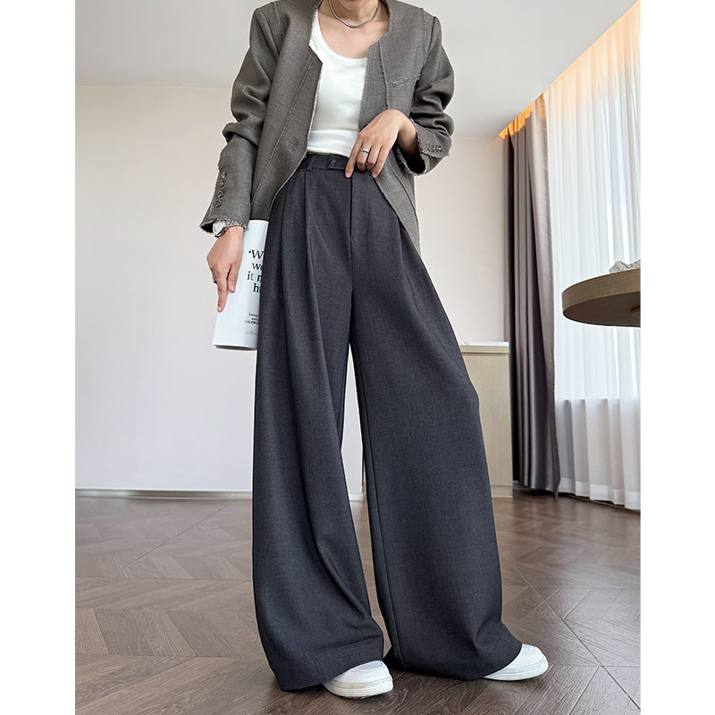 灰色西装阔腿裤女2025秋高腰垂感慵懒直筒双褶皱羊毛老钱风拖地裤,女装/女士精品,西装裤/正装裤,淘宝优惠券,粉丝福利购,淘宝优惠卷