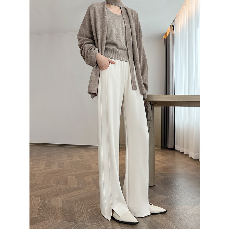 白色开叉阔腿裤女2025春秋新款高腰窄版冰丝垂感高级感直筒拖地裤,女装/女士精品,休闲裤,淘宝优惠券,粉丝福利购,淘宝优惠卷