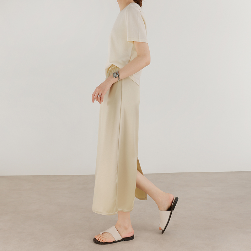 醋酸缎面开叉气质长款，高腰显瘦