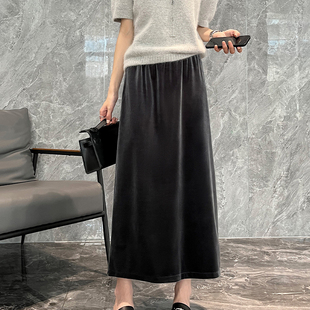 黑色金丝绒半身裙女秋2025新款 一步包臀裙 遮胯显瘦a字开叉中长款