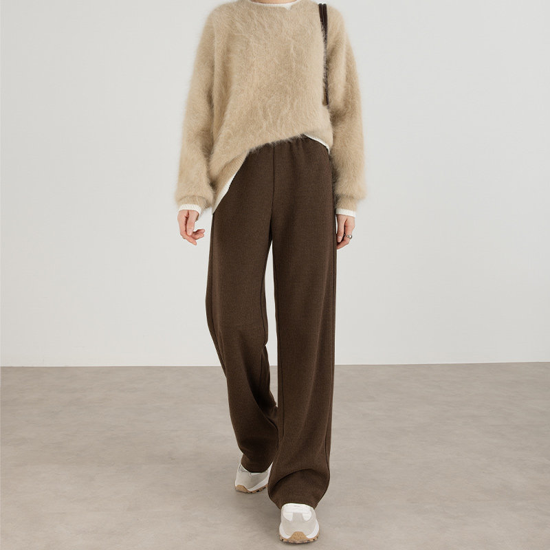 复古美拉德棕色加绒裤子女秋冬高腰窄版含羊毛混纺针织直筒阔腿裤,女装/女士精品,休闲裤,淘宝优惠券,粉丝福利购,淘宝优惠卷
