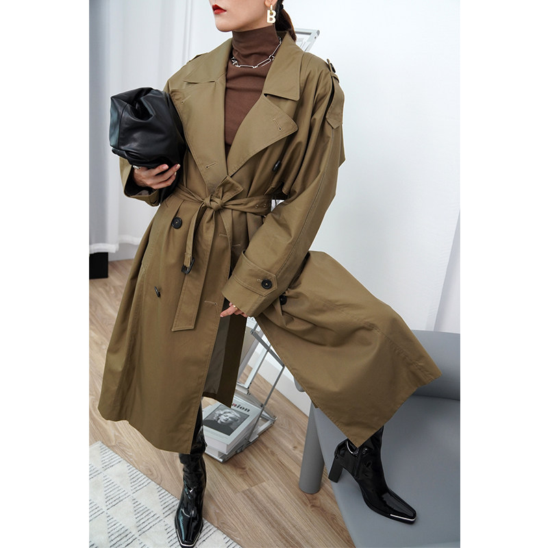 2022早春新款cel*高端翻领过膝宽松军绿色工装风中长款风衣外套女