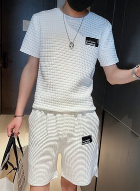 夏季潮牌ins帅气华夫格短袖短裤