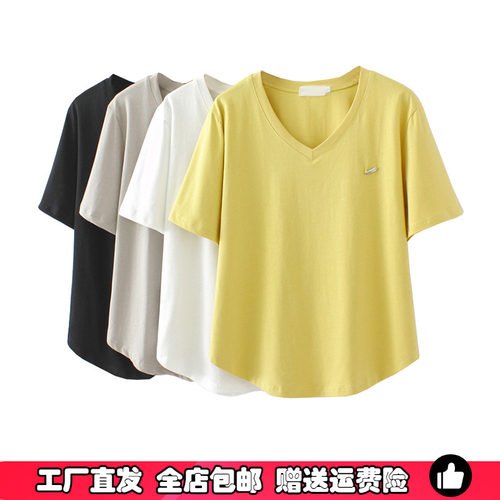 胖MM文艺风V领百搭短袖T恤女大码