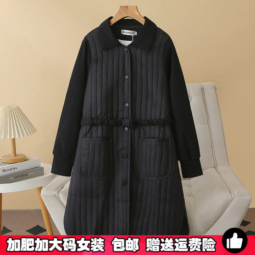 胖MM大码中长收腰翻领棉服秋冬季