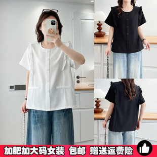 T恤夏200斤胖mm设计感别致遮肚子体恤上衣 木耳边正肩短袖 大码 女装