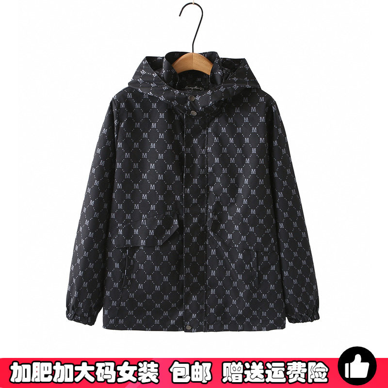 春秋款大码连帽印花休闲外套女装2024新款胖mm显瘦韩版运动服夹克