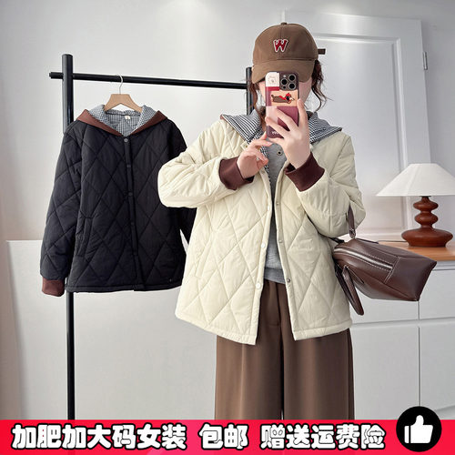 秋冬季新款大码撞色菱格棉服女