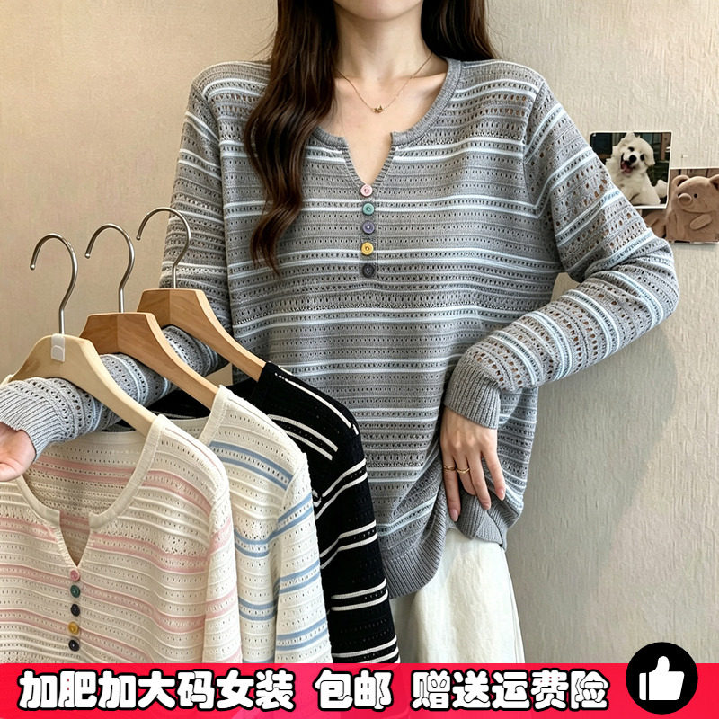 秋季设计感大码条纹长袖针织衫女图片
