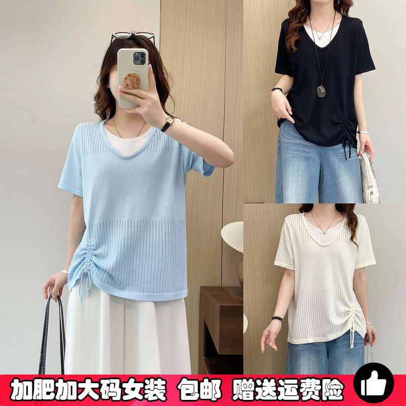 系带冰丝针织短袖t恤女大码T恤夏图片