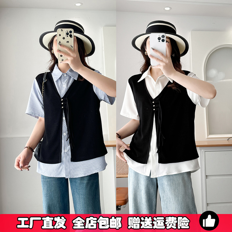 大码女装假两件polo领衬衫短袖夏