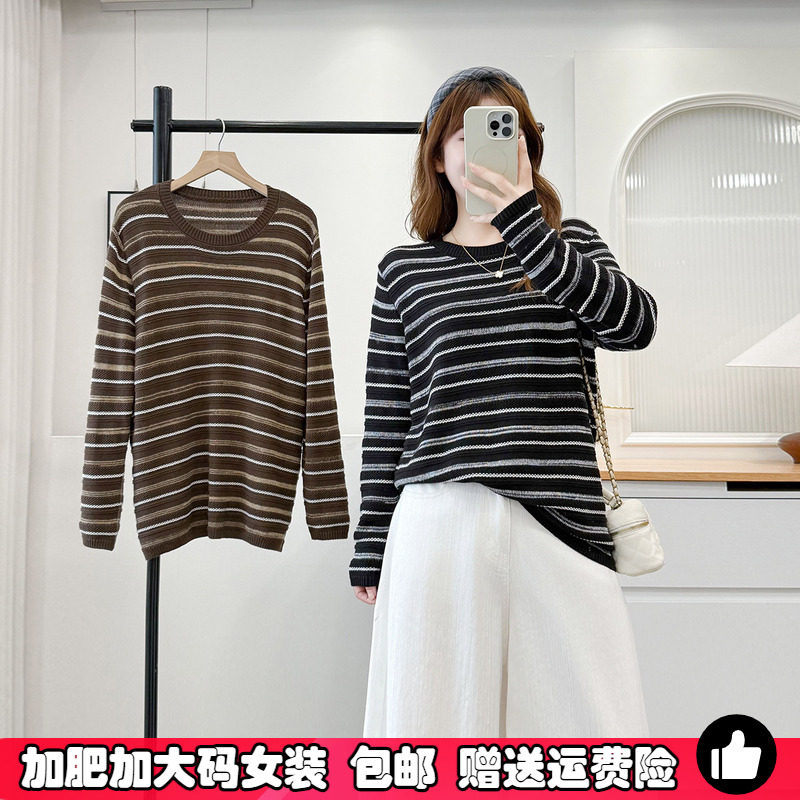 慵懒风复古条纹针织衫女大码毛衣图片