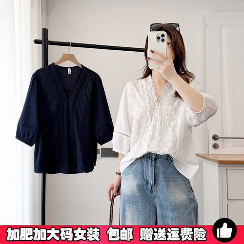 大码胖MM蕾丝拼接七分袖衬衫女春