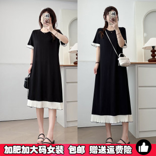 雪纺拼接中长款 大码 薄款 T恤裙女2025年夏季 连衣裙胖mm长裙子 短袖