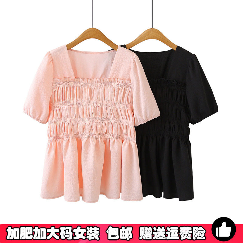 大码方领荷叶边短袖雪纺上衣女夏季胖mm洋气甜美百搭减龄显瘦衬衫