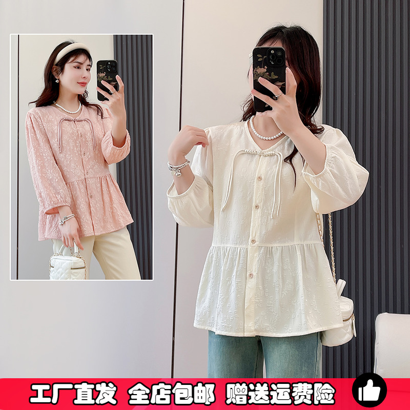 大码提花七分袖衬衫女新中式上衣