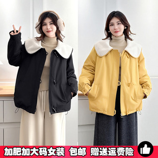 加厚中长款 新款 棉服外套 胖mm娃娃领羊羔毛棉衣女秋冬季 加肥加大码