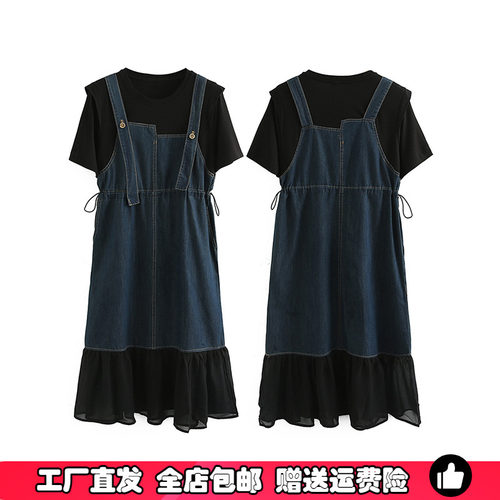 胖MM大码假两件牛仔拼接连衣长裙