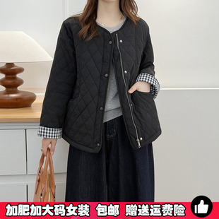 轻薄款 秋冬季 格子拼接夹棉外套女胖mm棉服200斤显瘦棉衣 女装 大码