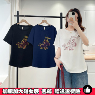 新款 女简约百搭印花T恤夏季 200斤遮肚子显瘦体恤上衣 短袖 胖mm大码