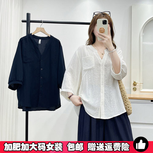 大码七分袖棉质休闲衬衫中袖上衣