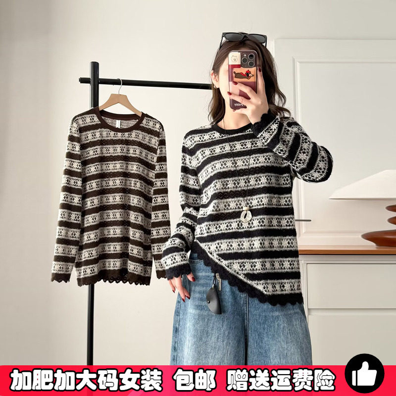 复古条纹针织衫女秋冬季大码毛衣图片