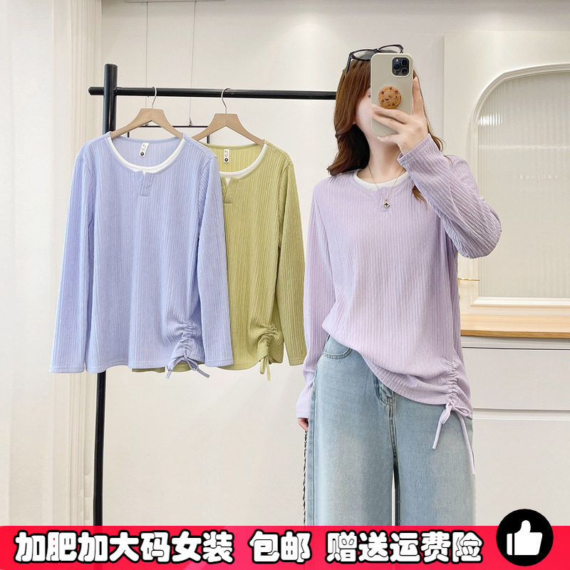 不规则假两件长袖针织T恤女大码图片