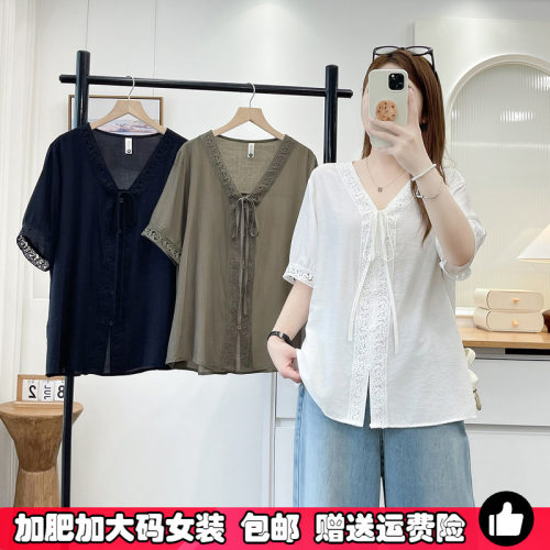 大码女装超好看系带V领短袖衬衫