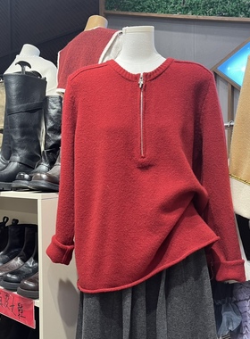 韩版圆领紫色半拉链毛衣女2025秋冬新款慵懒风显瘦红色针织衫上衣