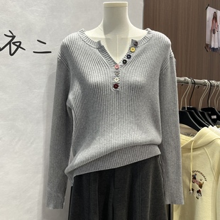 欧洲站2025年秋洞新款时尚个性彩色纽扣长袖坑条纹针织打底衫上衣