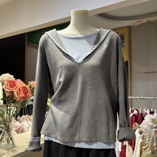 欧货高级感拼色假两件套头针织衫女2025秋冬新款宽松洋气通勤上衣