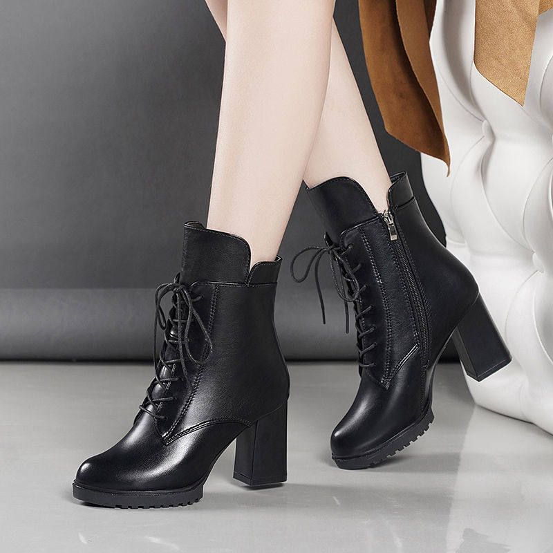 雪地防滑真皮中筒靴女2026秋冬新款加绒保暖侧拉链粗高跟马丁靴女