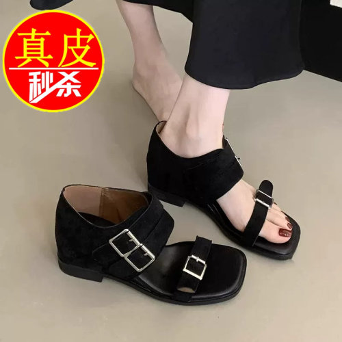 品牌撤柜真皮内增高凉鞋女法式气质露趾罗马凉靴小众设计感短靴