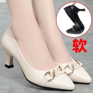 品牌清仓妈妈高跟皮鞋 女婚宴粗跟中年不累脚软底舒适新款 真皮单鞋