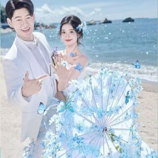 婚纱影楼旅拍摄影户外粉色花神道具贴花伞捧花粉色系弓箭粘花伞