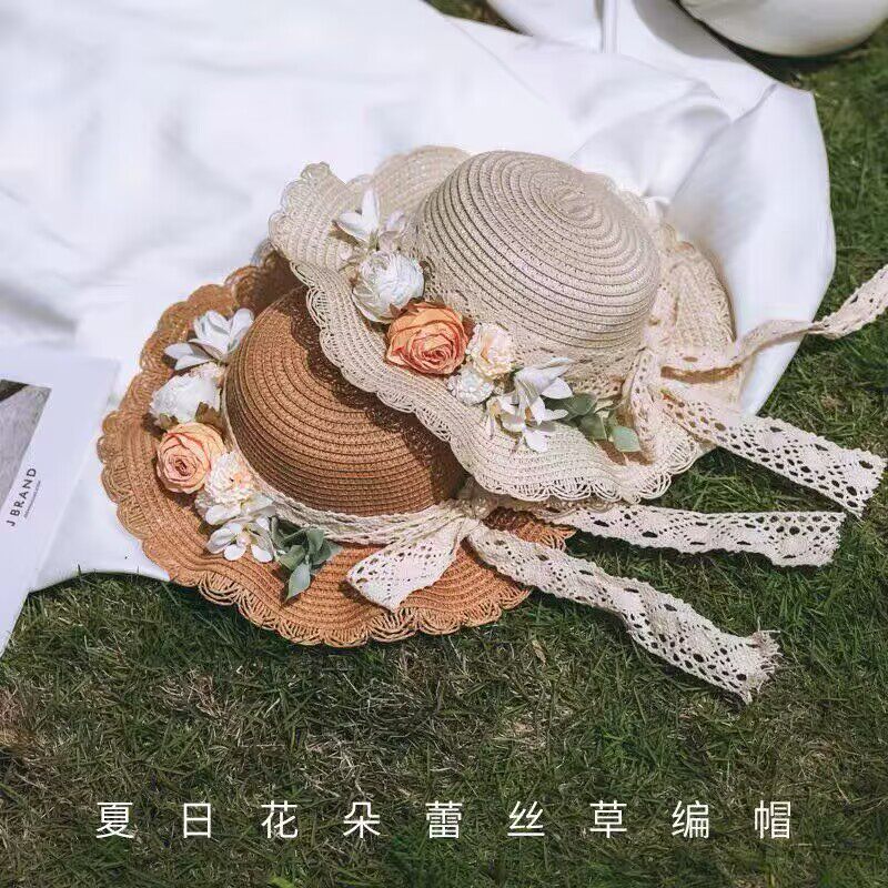 夏季花朵田园草帽防晒洛丽塔帽子海边沙滩遮阳帽法式草帽夏天帽子
