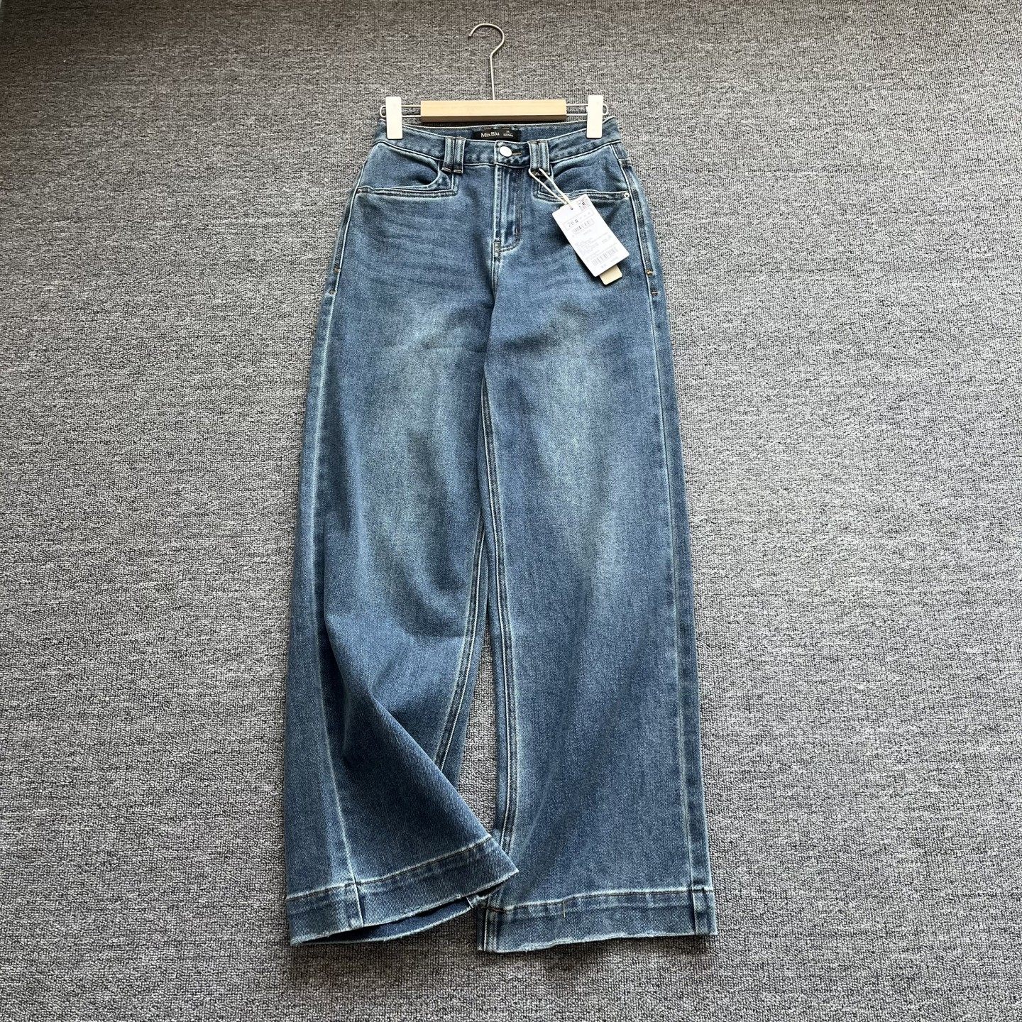 高品质女裤春夏高腰显瘦直筒牛仔裤阔腿裤休闲长裤大裤脚牛仔裤