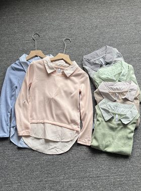 春季女童薄款假两件拼接针织衫