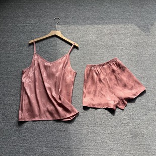 外贸大码女装女士薄款缎面吊带短裤+睡衣套装春季家居服两件套