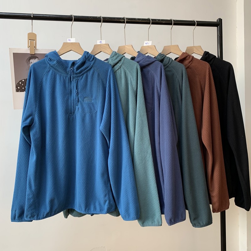 外贸男装连帽打底衫春季新款水波纹半拉链休闲运动舒适套头上衣