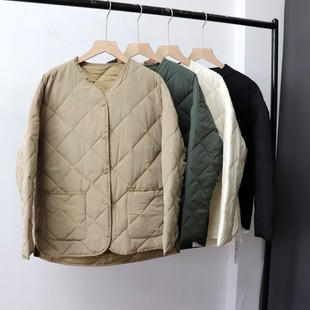 原单薄款空气棉服女时尚轻薄无领菱形格休闲简约复古百搭棉衣外套