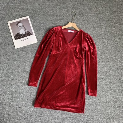 小个子女装礼服早秋金丝绒连衣裙性感v领气质修身收腰中长款裙子