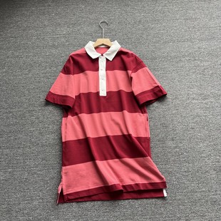 外贸女装新款女装学院风条纹POLO领短袖连衣裙女宽松显瘦翻领裙子