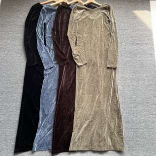 日单女装丝绒复古长袖加长连衣裙女春秋性感露背后开叉设计感长裙