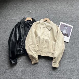 春秋款 皮衣外套宽松翻领PU夹克小个子复古机车皮衣外套 女收腰短款